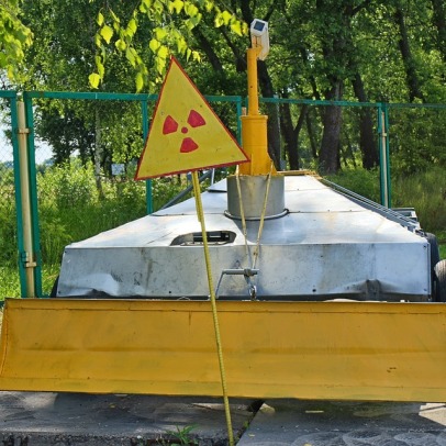 radiation warning sign and barrier chernobyl exclusion zone